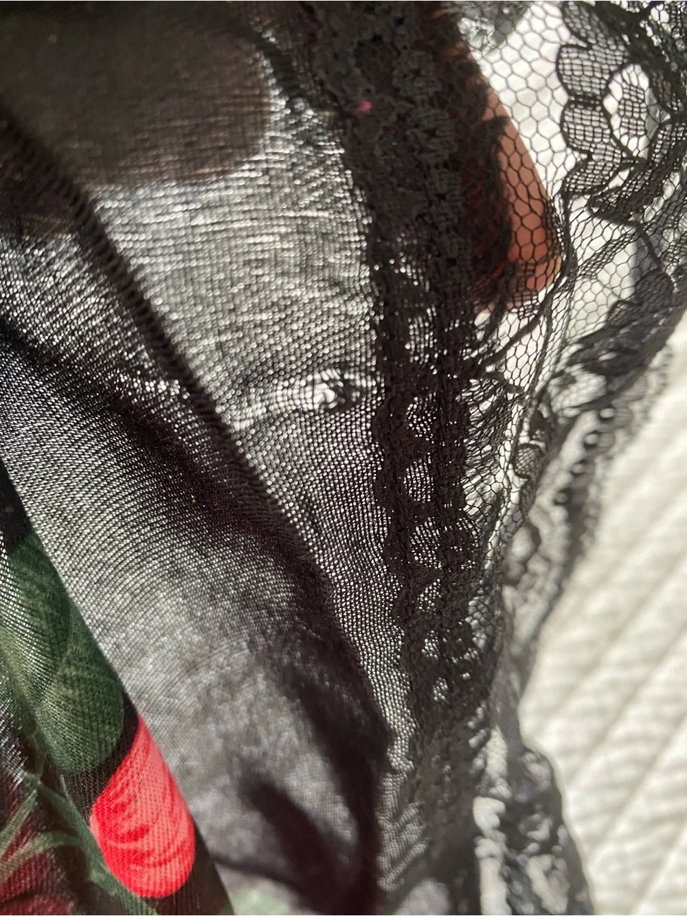 Black Floral Square Scarf Red Roses Lace Trim 35-inch square Whimsigoth Romantic